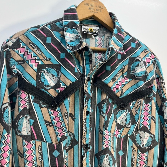 Vtg Dakota Sunset Southwest Bison Skull Rodeo Button Up Long Sleeve Shirt Sz M - Picture 6 of 9